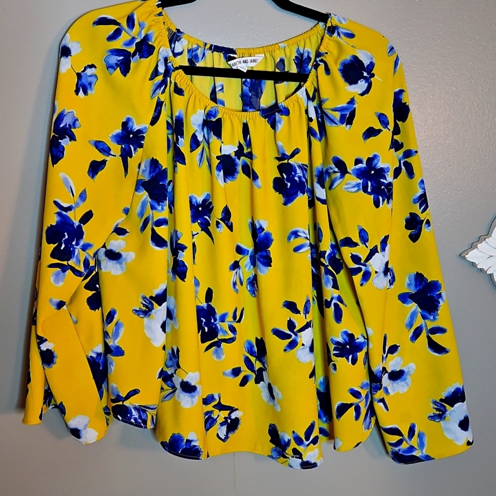Elizabeth And James Top Blouse Long Bell Sleeve Pullover Floral Yellow M Medium